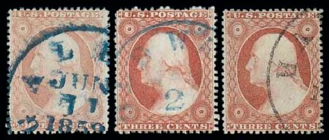Values of US Stamp Scott Catalogue # 25 - 1857 3c Washington. Matthew Bennett International, Dec 2007, Sale 323, Lot 119