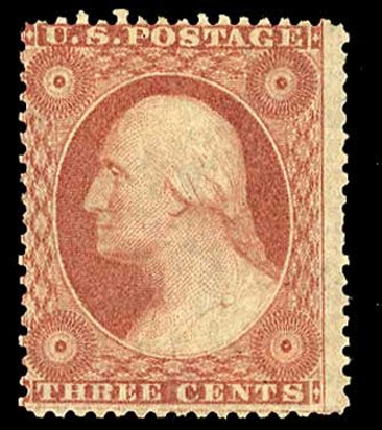 US Stamps Value Scott # 25 - 1857 3c Washington. Cherrystone Auctions, Jul 2008, Sale 200807, Lot 14