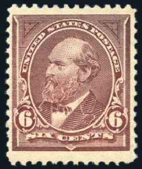 Values of US Stamps Scott Catalogue 256: 6c 1894 Garfield. Harmer-Schau Auction Galleries, Aug 2011, Sale 90, Lot 1397