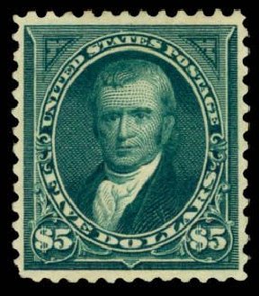 Price of US Stamp Scott Cat. #263: US$5.00 1894 Marshall. Daniel Kelleher Auctions, Apr 2013, Sale 636, Lot 215