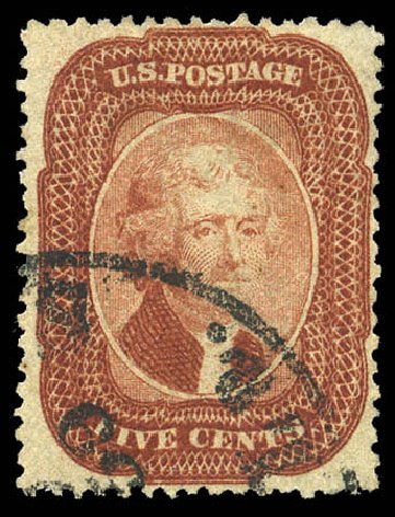 Value of US Stamps Scott Catalogue 27 - 1858 5c Jefferson. Matthew Bennett International, Mar 2011, Sale 336, Lot 1128