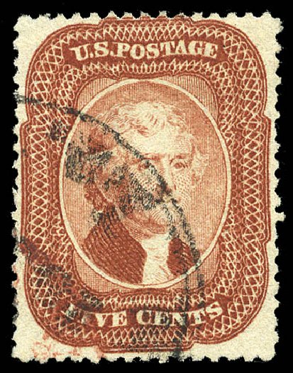 Values of US Stamp Scott Catalog # 27: 5c 1858 Jefferson. Matthew Bennett International, May 2014, Sale 350, Lot 58