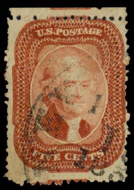 US Stamp Values Scott Catalogue # 27 - 1858 5c Jefferson. Daniel Kelleher Auctions, Sep 2013, Sale 639, Lot 358