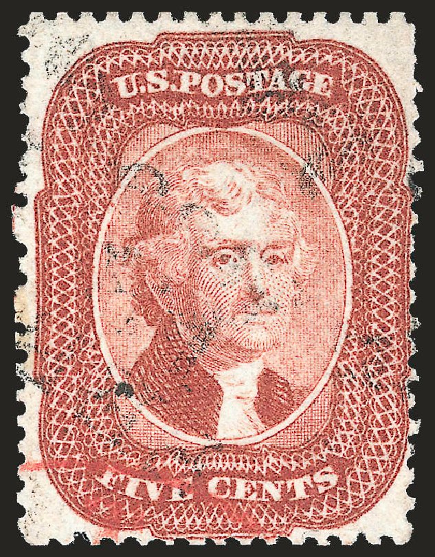 US Stamps Values Scott #27: 1858 5c Jefferson. Robert Siegel Auction Galleries, Apr 2010, Sale 984, Lot 149