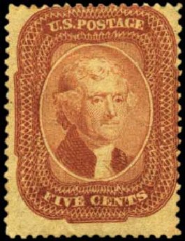 Prices of US Stamp Scott #27 - 1858 5c Jefferson. Harmer-Schau Auction Galleries, Feb 2012, Sale 92, Lot 821