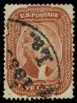 US Stamps Values Scott Catalogue # 27 - 1858 5c Jefferson. Daniel Kelleher Auctions, Oct 2014, Sale 660, Lot 2055