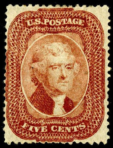 Value of US Stamps Scott Cat. #27: 5c 1858 Jefferson. Matthew Bennett International, May 2008, Sale 327, Lot 32