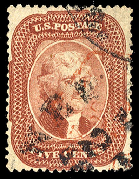 Value of US Stamps Scott Catalog # 27: 5c 1858 Jefferson. Cherrystone Auctions, Nov 2013, Sale 201311, Lot 12