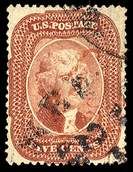 US Stamp Price Scott Cat. # 27: 5c 1858 Jefferson. Cherrystone Auctions, Jun 2011, Sale 201106, Lot 16