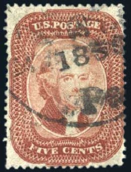 US Stamp Prices Scott Cat. # 27: 1858 5c Jefferson. Harmer-Schau Auction Galleries, Aug 2011, Sale 90, Lot 1136