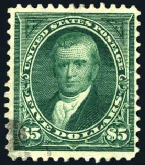 Value of US Stamps Scott Cat. 278 - 1895 US$5.00 Marshall. Harmer-Schau Auction Galleries, Oct 2008, Sale 79, Lot 157