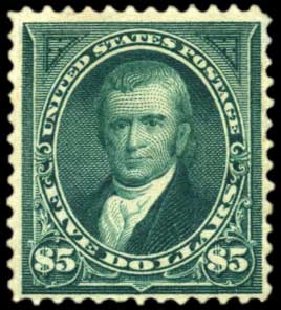 Values of US Stamp Scott Catalogue #278 - US$5.00 1895 Marshall. Harmer-Schau Auction Galleries, Oct 2010, Sale 87, Lot 237