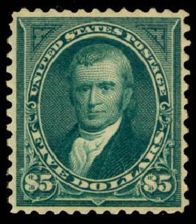 Costs of US Stamps Scott Catalog #278: US$5.00 1895 Marshall. Daniel Kelleher Auctions, Sep 2013, Sale 639, Lot 417