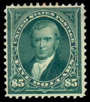 Value of US Stamps Scott Catalog 278: 1895 US$5.00 Marshall. Daniel Kelleher Auctions, Sep 2013, Sale 639, Lot 3369