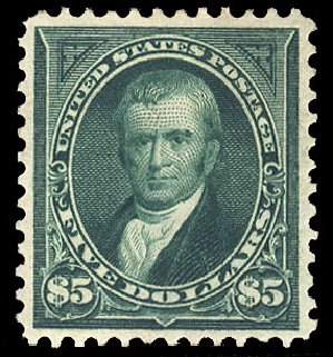 Value of US Stamp Scott # 278: 1895 US$5.00 Marshall. Cherrystone Auctions, Sep 2012, Sale 201209, Lot 70