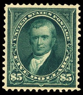 Costs of US Stamps Scott Catalog #278 - US$5.00 1895 Marshall. Daniel Kelleher Auctions, Dec 2012, Sale 633, Lot 490