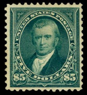 US Stamp Prices Scott Catalog 278: 1895 US$5.00 Marshall. Daniel Kelleher Auctions, Sep 2013, Sale 639, Lot 1100