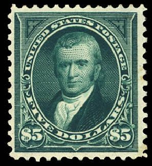 US Stamp Prices Scott Catalog #278 - 1895 US$5.00 Marshall. Daniel Kelleher Auctions, Dec 2012, Sale 633, Lot 491