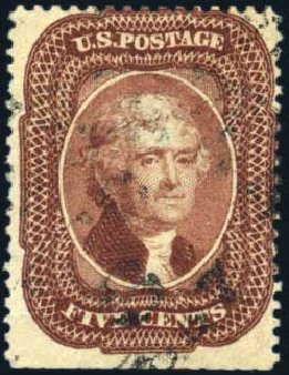 US Stamp Values Scott Catalogue 28 - 1857 5c Jefferson. Harmer-Schau Auction Galleries, Mar 2011, Sale 89, Lot 98