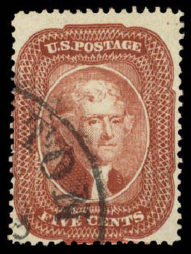 Value of US Stamp Scott # 28: 1857 5c Jefferson. Daniel Kelleher Auctions, Dec 2014, Sale 661, Lot 59