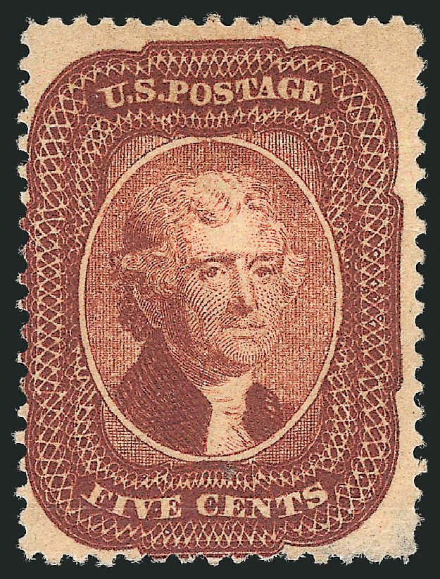 Values of US Stamp Scott Catalog 28 - 1857 5c Jefferson. Robert Siegel Auction Galleries, Mar 2013, Sale 1040, Lot 1239
