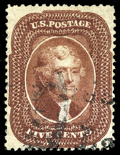 US Stamp Values Scott Cat. 28: 1857 5c Jefferson. Matthew Bennett International, May 2014, Sale 350, Lot 60