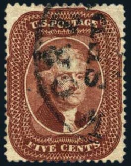 Values of US Stamp Scott Catalogue 28: 1857 5c Jefferson. Harmer-Schau Auction Galleries, Nov 2014, Sale 103, Lot 90