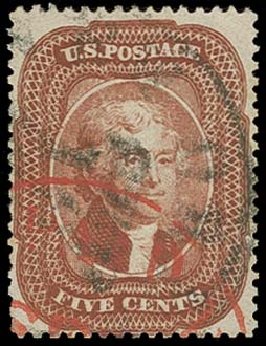 US Stamp Value Scott Catalog 28: 1857 5c Jefferson. H.R. Harmer, Oct 2014, Sale 3006, Lot 1061