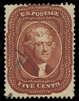 US Stamps Values Scott #28: 1857 5c Jefferson. Daniel Kelleher Auctions, Aug 2012, Sale 631, Lot 721