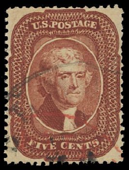 US Stamps Prices Scott Catalog # 28: 5c 1857 Jefferson. Daniel Kelleher Auctions, Apr 2012, Sale 629, Lot 172
