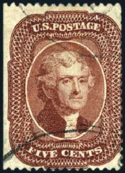 Values of US Stamp Scott Cat. 28: 1857 5c Jefferson. Harmer-Schau Auction Galleries, Oct 2009, Sale 83, Lot 323