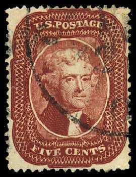 Values of US Stamps Scott Catalog #28: 5c 1857 Jefferson. Daniel Kelleher Auctions, Apr 2013, Sale 636, Lot 73