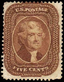 US Stamp Values Scott #28 - 5c 1857 Jefferson. Regency-Superior, Nov 2014, Sale 108, Lot 96