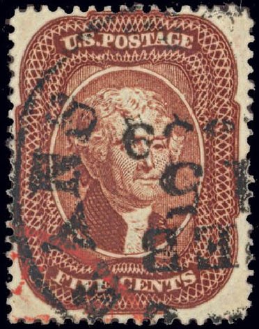 US Stamps Value Scott Cat. # 28A - 5c 1858 Jefferson. Daniel Kelleher Auctions, Feb 2013, Sale 634, Lot 30