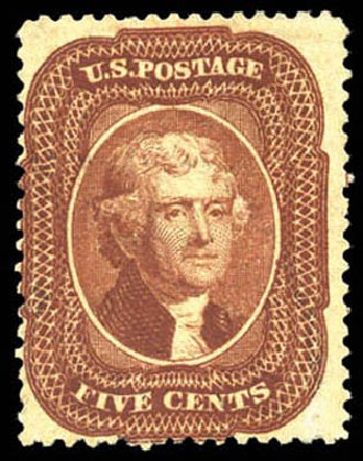 Values of US Stamp Scott Catalogue #28A: 5c 1858 Jefferson. Matthew Bennett International, Mar 2011, Sale 337, Lot 2484