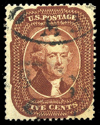 Values of US Stamps Scott Catalog # 28A: 1858 5c Jefferson. Matthew Bennett International, May 2014, Sale 350, Lot 64