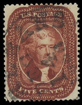 US Stamp Value Scott Cat. #28A: 1858 5c Jefferson. Daniel Kelleher Auctions, Apr 2013, Sale 636, Lot 74
