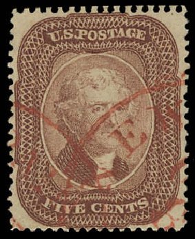 US Stamp Prices Scott Catalog # 29 - 1859 5c Jefferson. Daniel Kelleher Auctions, Oct 2012, Sale 632, Lot 957