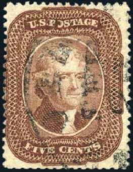 US Stamps Values Scott Cat. 29 - 1859 5c Jefferson. Harmer-Schau Auction Galleries, Mar 2011, Sale 89, Lot 100