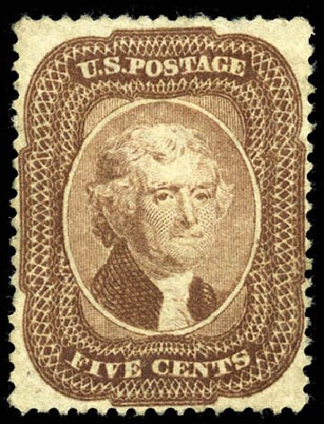 US Stamp Values Scott Catalogue #29 - 1859 5c Jefferson. Matthew Bennett International, Mar 2012, Sale 344, Lot 4234