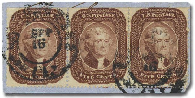 Cost of US Stamp Scott Cat. #29: 1859 5c Jefferson. Daniel Kelleher Auctions, Oct 2011, Sale 626, Lot 52