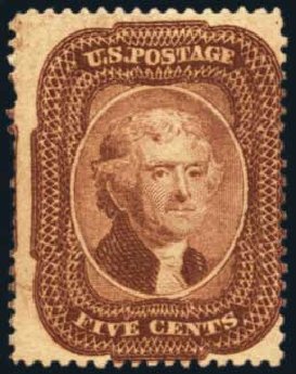 US Stamps Price Scott # 29 - 5c 1859 Jefferson. Harmer-Schau Auction Galleries, Jan 2014, Sale 100, Lot 433