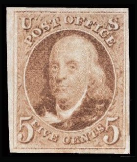 Value of US Stamp Scott Cat. # 3: 1875 5c Franklin. Cherrystone Auctions, Mar 2008, Sale 200803, Lot 37