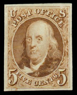 US Stamps Prices Scott 3 - 1875 5c Franklin. Daniel Kelleher Auctions, Dec 2013, Sale 640, Lot 17