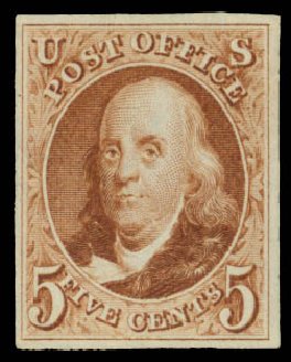 Value of US Stamp Scott Catalog #3 - 5c 1875 Franklin. Daniel Kelleher Auctions, Jan 2015, Sale 663, Lot 1209