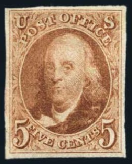 Costs of US Stamps Scott Cat. # 3: 1875 5c Franklin. Harmer-Schau Auction Galleries, Aug 2014, Sale 102, Lot 1624