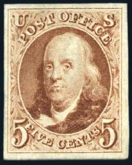 US Stamps Values Scott 3 - 1875 5c Franklin. Harmer-Schau Auction Galleries, Jun 2008, Sale 78, Lot 1232