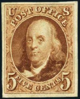 Values of US Stamps Scott Catalog #3: 5c 1875 Franklin. Harmer-Schau Auction Galleries, Jan 2013, Sale 96, Lot 393