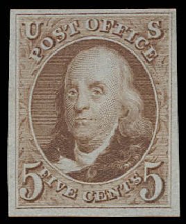 US Stamps Value Scott # 3: 5c 1875 Franklin. Daniel Kelleher Auctions, Oct 2012, Sale 632, Lot 926