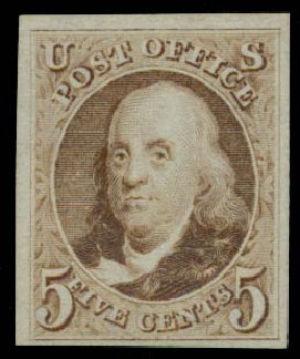US Stamps Value Scott 3: 1875 5c Franklin. Daniel Kelleher Auctions, Dec 2013, Sale 640, Lot 16